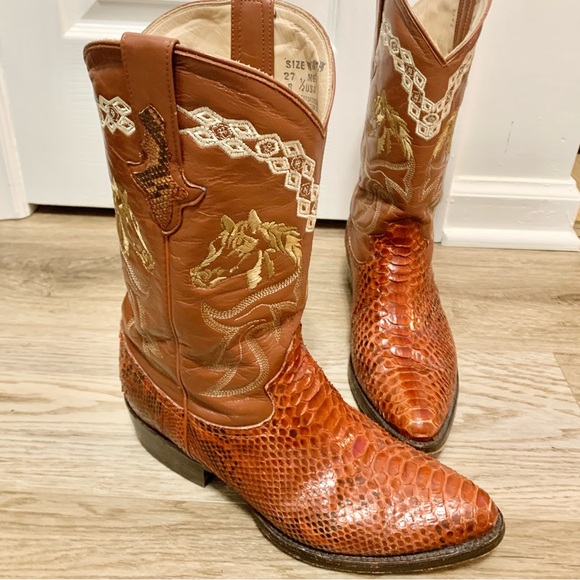 El Canelo Snakeskin Horse Embroidered Western Leather Cowboy Boots MENS - 8.5 - Picture 1 of 13